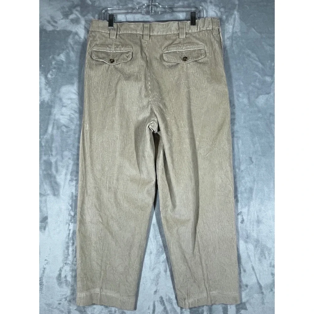LL Bean Comfort Waist Corduroy Pants Khaki Pleated Wide Whale Flap Pockers 35x28